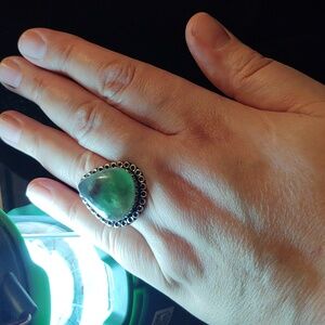Flourite gemstone ring, size 10, stamped 925, silver plated
